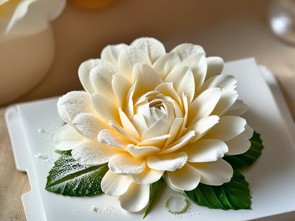  A closeup, ultradetailed image of a perfectly crafted, intricate sugar flower resting delicately on a zero waste, sustainable dessert. The petals glisten with a sugary sheen, showcasing the artistry and precision of sustainable baking practices. The background is blurred, emphasizing the fine details of the flower and the dessert, creating a visually stunning and minimalistic composition. hyperrealistic, full body, detailed clothing, highly detailed, cinematic lighting, stunningly beautiful, intricate, sharp focus, f/1. 8, 85mm, (centered image composition), (professionally color graded), ((bright soft diffused light)), volumetric fog, trending on instagram, trending on tumblr, HDR 4K, 8K