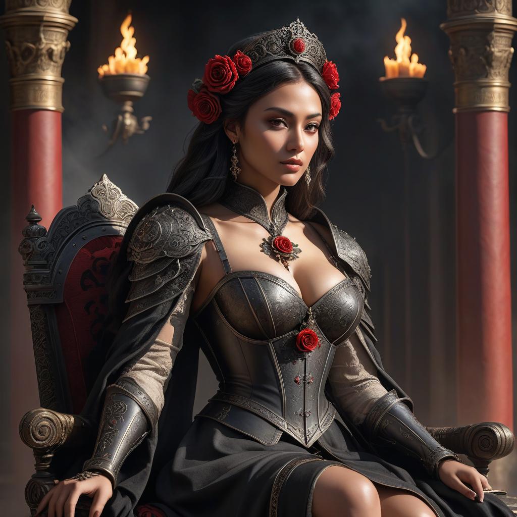  Renaissance style Young Lady, seated on a throne made of iron, dressed in imperial robes, has a black sun depicted on the shoulder pads. On her right hand is a crimson tattoo in the shape of a cross within a semi circle at the bottom. In her left hand she holds a scepter, and in her right a black rose. . realistic, perspective, light and shadow, religious or mythological themes, highly detailed hyperrealistic, full body, detailed clothing, highly detailed, cinematic lighting, stunningly beautiful, intricate, sharp focus, f/1. 8, 85mm, (centered image composition), (professionally color graded), ((bright soft diffused light)), volumetric fog, trending on instagram, trending on tumblr, HDR 4K, 8K