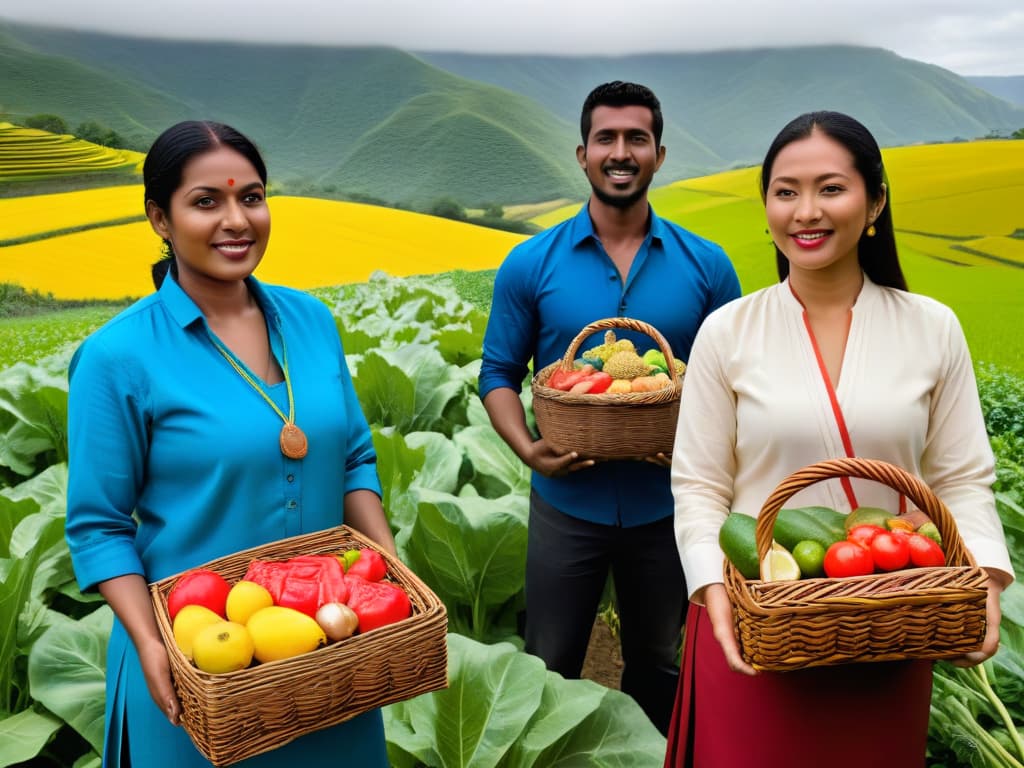  An ultradetailed image of a diverse group of farmers from around the world, proudly holding baskets of vibrant, ethically sourced produce. Each farmer is depicted in intricate detail, showcasing their unique cultural attire and expressions of pride. The background is a lush, sprawling landscape of rolling hills and bountiful fields, symbolizing the positive social and economic impact of choosing fair trade ingredients. The colors are rich and vivid, highlighting the beauty and significance of ethical sourcing. hyperrealistic, full body, detailed clothing, highly detailed, cinematic lighting, stunningly beautiful, intricate, sharp focus, f/1. 8, 85mm, (centered image composition), (professionally color graded), ((bright soft diffused light)), volumetric fog, trending on instagram, trending on tumblr, HDR 4K, 8K