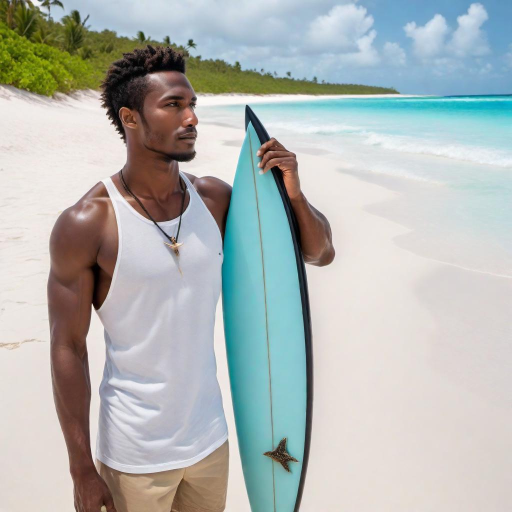  A Bahamian surfer standing on the beach, holding a black surfboard under one arm while holding a conch shell up to his ear with the other hand. The surfer is depicted listening intently to the shell, as if hearing the ocean, with a look of peaceful contemplation. The beach is idyllic with soft white sands and clear blue skies in the background, typical of a Bahamian landscape. hyperrealistic, full body, detailed clothing, highly detailed, cinematic lighting, stunningly beautiful, intricate, sharp focus, f/1. 8, 85mm, (centered image composition), (professionally color graded), ((bright soft diffused light)), volumetric fog, trending on instagram, trending on tumblr, HDR 4K, 8K