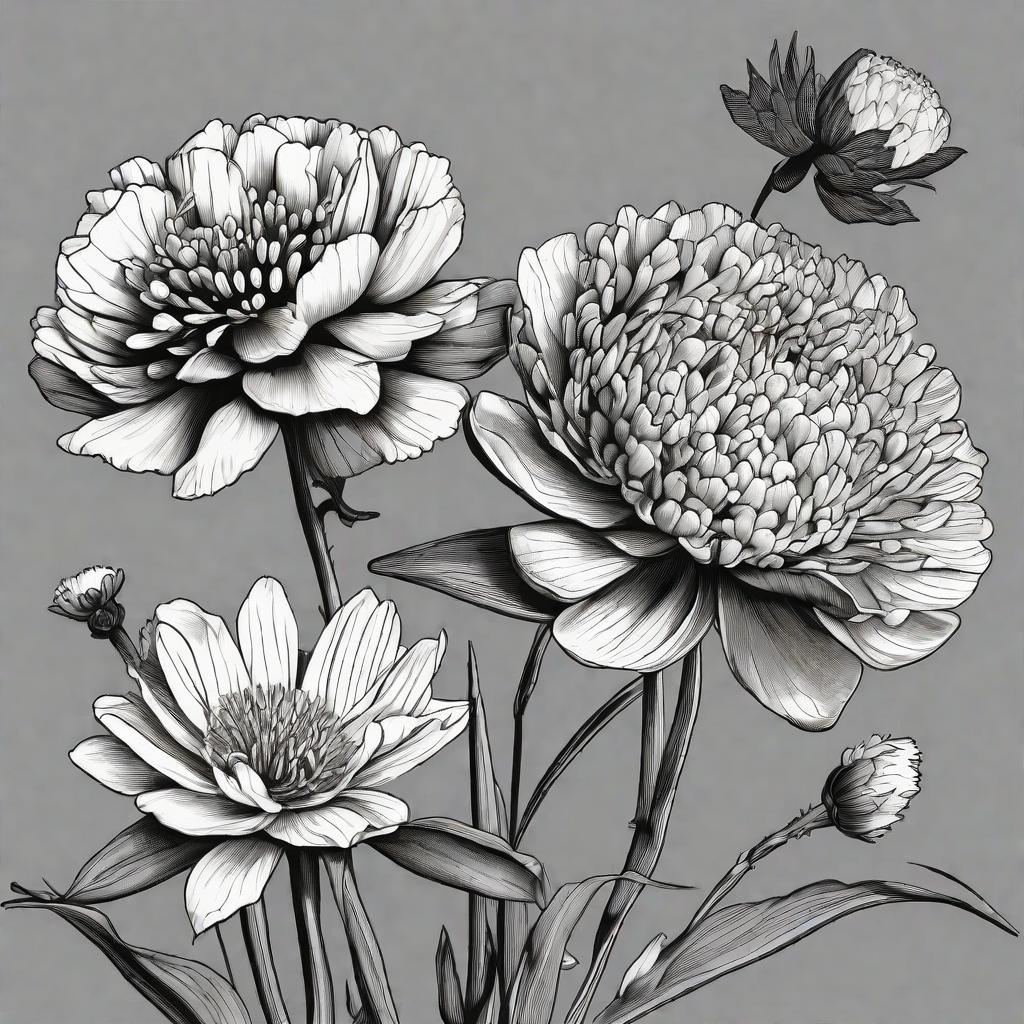  masterpiece, best quality, Carnation, water Lilly, and aster. Black and white.