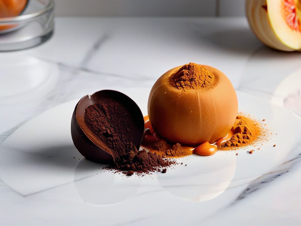  A closeup, highresolution image of a glossy dark chocolate truffle coated in vibrant orange pumpkin powder, resting on a sleek, modern marble surface. The truffle is delicately dusted with cocoa powder, showcasing its smooth, round shape and inviting texture. The play of light and shadows accentuates the luxurious sheen of the chocolate, while the subtle pumpkin hue adds a touch of autumnal warmth to the scene. hyperrealistic, full body, detailed clothing, highly detailed, cinematic lighting, stunningly beautiful, intricate, sharp focus, f/1. 8, 85mm, (centered image composition), (professionally color graded), ((bright soft diffused light)), volumetric fog, trending on instagram, trending on tumblr, HDR 4K, 8K