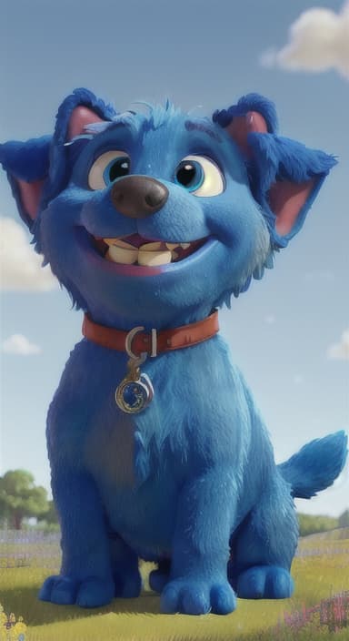  {A happy, big blue dog wagging its tail in a colorful meadow, The big blue dog is large with sky blue fur, big round eyes, a black nose, and floppy ears.