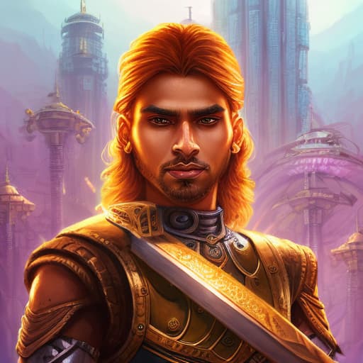 portrait+ style A young handsome Indian looking long hair Warrior soldier main focus with a sword, Armour of Gold, turquoise eyes, hair blonde strips, show full body , Dystopian future city with robots, dragan robot, cyberpunk horror painting, elegant intricate artstation concept art by craig mullins detailed, dark cosmic sky