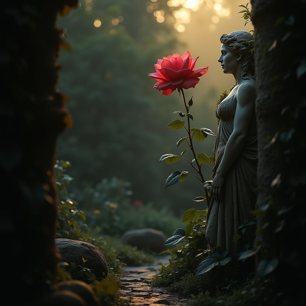  good quality, high quality, create an ethereal, hyper realistic scene of a forgotten garden at dusk. in the center, a single crimson rose blooms, its petals delicate and shimmering like silk, catching the soft golden light. nearby stands a weathered marble statue of a long lost queen, partially covered in ivy, with an expression of serene mystery. the garden should feel overgrown yet enchanted, with soft, ambient lighting and muted, warm colors. the atmosphere should evoke a sense of timelessness and quiet beauty.