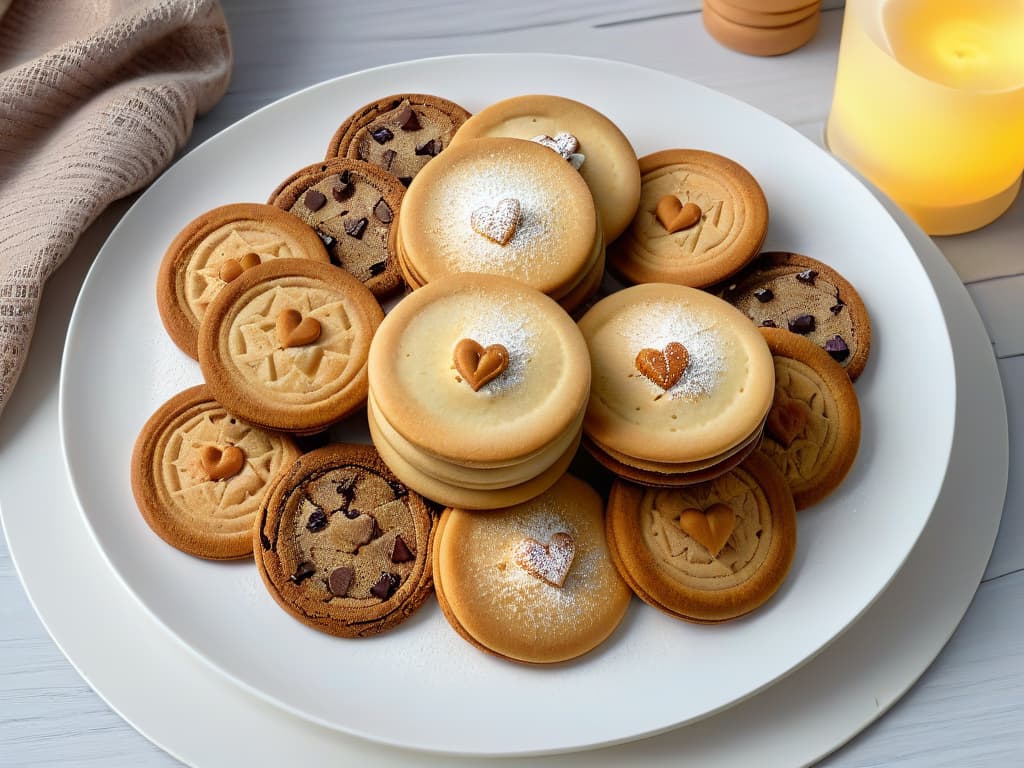  An ultradetailed, 8k resolution image of a pristine white plate elegantly adorned with a carefully arranged assortment of freshly baked sugarfree cookies. Each cookie is perfectly goldenbrown, intricately textured, and exquisitely dusted with a light sprinkle of natural sweeteners like stevia or erythritol. The cookies vary in shapes and sizes, from classic round ones to delicate heartshaped treats, showcasing the artistry and creativity in diabeticfriendly baking. The background is a soft focus, highlighting the cookies as the focal point with a minimalist aesthetic that evokes sophistication and culinary craftsmanship. hyperrealistic, full body, detailed clothing, highly detailed, cinematic lighting, stunningly beautiful, intricate, sharp focus, f/1. 8, 85mm, (centered image composition), (professionally color graded), ((bright soft diffused light)), volumetric fog, trending on instagram, trending on tumblr, HDR 4K, 8K