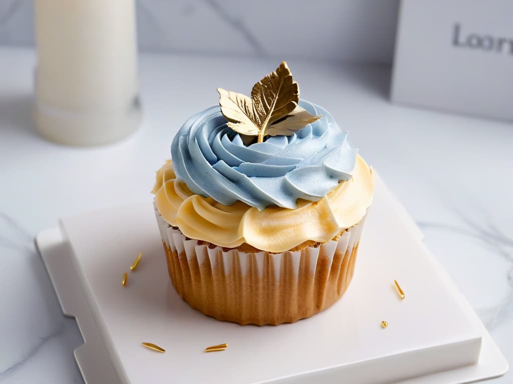  A closeup, highresolution image of a perfectly frosted cupcake with delicate swirls of pastel buttercream, topped with a single shimmering gold leaf, placed on a sleek, modern marble countertop. The lighting is soft and natural, highlighting the intricate details of the frosting and the luxurious simplicity of the overall presentation. hyperrealistic, full body, detailed clothing, highly detailed, cinematic lighting, stunningly beautiful, intricate, sharp focus, f/1. 8, 85mm, (centered image composition), (professionally color graded), ((bright soft diffused light)), volumetric fog, trending on instagram, trending on tumblr, HDR 4K, 8K