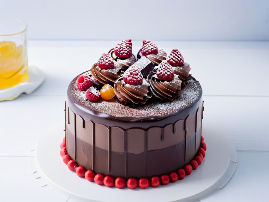  A highresolution, ultradetailed image of a decadent chocolate cake with intricate layers of rich ganache, topped with delicate chocolate curls and fresh raspberries, set against a stark white background to emphasize its elegant simplicity. hyperrealistic, full body, detailed clothing, highly detailed, cinematic lighting, stunningly beautiful, intricate, sharp focus, f/1. 8, 85mm, (centered image composition), (professionally color graded), ((bright soft diffused light)), volumetric fog, trending on instagram, trending on tumblr, HDR 4K, 8K