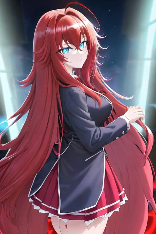  possessed by hisuian zoroark,masterpiece, best quality, 1women, long red hair, looking at viewer, :3, cute, black school uniform, outdoors, streets, cowboy shot, curvy, (((blue eyes))), rias gremory, red hair, antenna hair, wavy hair, ((beautiful detailed eyes, beautiful detailed glow, lots of glow)), anime screencap