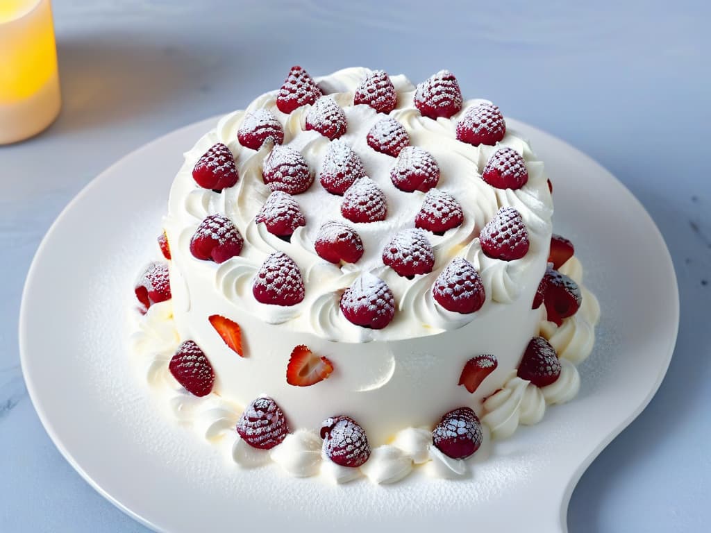  A closeup, ultrahigh resolution image of a beautifully crafted keto dessert, featuring intricate swirls of sugarfree whipped cream, delicate raspberries arranged in a precise pattern, and a dusting of powdered erythritol creating a stunning visual appeal. The dessert is elegantly presented on a sleek, modern plate with a subtle matte finish, set against a soft, monochromatic background to enhance its minimalist aesthetic. hyperrealistic, full body, detailed clothing, highly detailed, cinematic lighting, stunningly beautiful, intricate, sharp focus, f/1. 8, 85mm, (centered image composition), (professionally color graded), ((bright soft diffused light)), volumetric fog, trending on instagram, trending on tumblr, HDR 4K, 8K