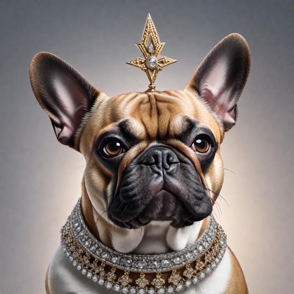  French bulldog wearing a three-point crown hyperrealistic, full body, detailed clothing, highly detailed, cinematic lighting, stunningly beautiful, intricate, sharp focus, f/1. 8, 85mm, (centered image composition), (professionally color graded), ((bright soft diffused light)), volumetric fog, trending on instagram, trending on tumblr, HDR 4K, 8K