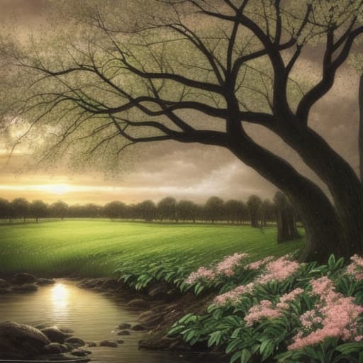  soft light. sunset. spring. flowers. the green grove. a stormy river. leaves. black