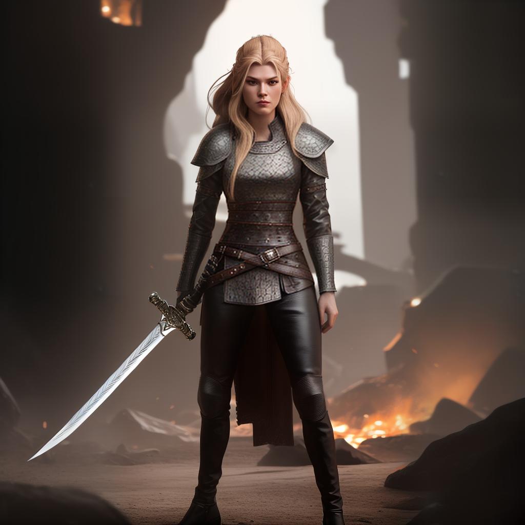  masterpiece, best quality, beautiful viking with sword in her hands, no , in leather pants, epic, epic lighting, trending on artstation, concept art, detailed, octane render cinematic, 8k, high detailed