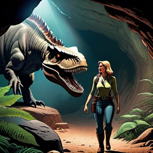  American style (modern) comic about  Mystery City, Mark and Jane hide in a cave and a dinosaur tries to get in. , digital color comicbook style, Mark and Jane frantically hold their breath, their eyes wide with fear.. hyperrealistic, full body, detailed clothing, highly detailed, cinematic lighting, stunningly beautiful, intricate, sharp focus, f/1. 8, 85mm, (centered image composition), (professionally color graded), ((bright soft diffused light)), volumetric fog, trending on instagram, trending on tumblr, HDR 4K, 8K