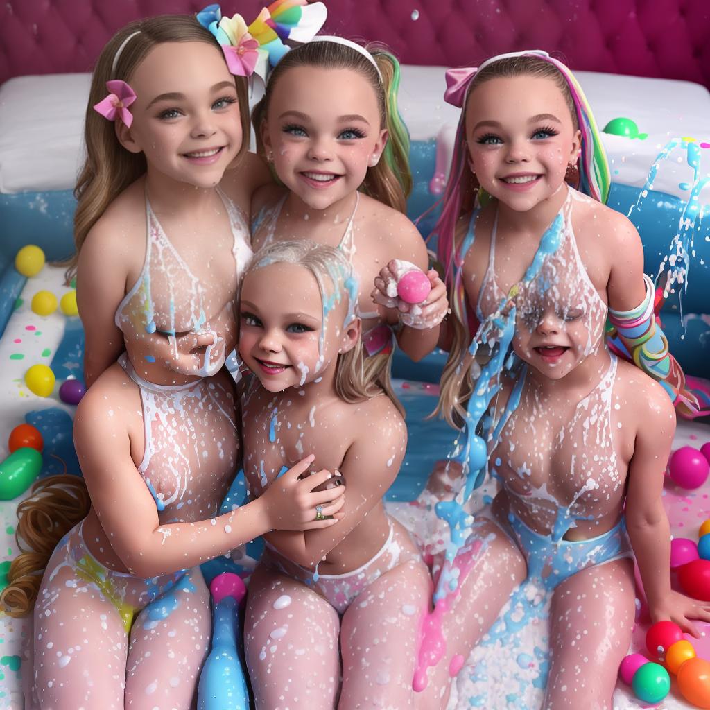  maddie Ziegler and Jojo Siwa, cumpussys, wet white cream splatted everywhere, totallynaked showing body, kissing me, accomplice, bed, undressed, sloppycum, no clothes on, intercoursesex