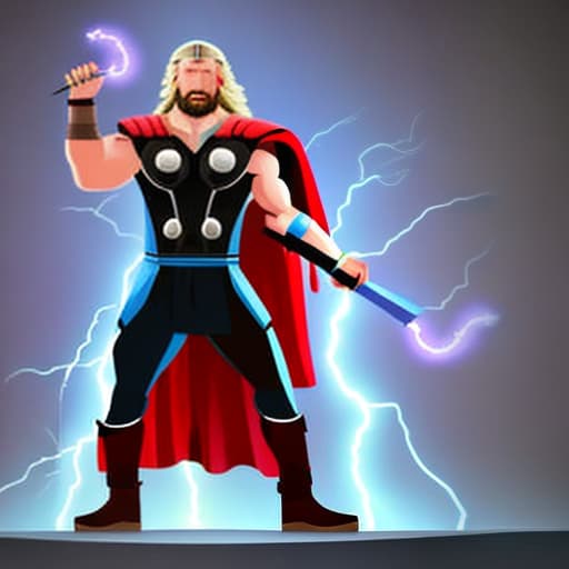  Thor as guard with long hair beard is standing front dark background with lightning bolt tlaloc