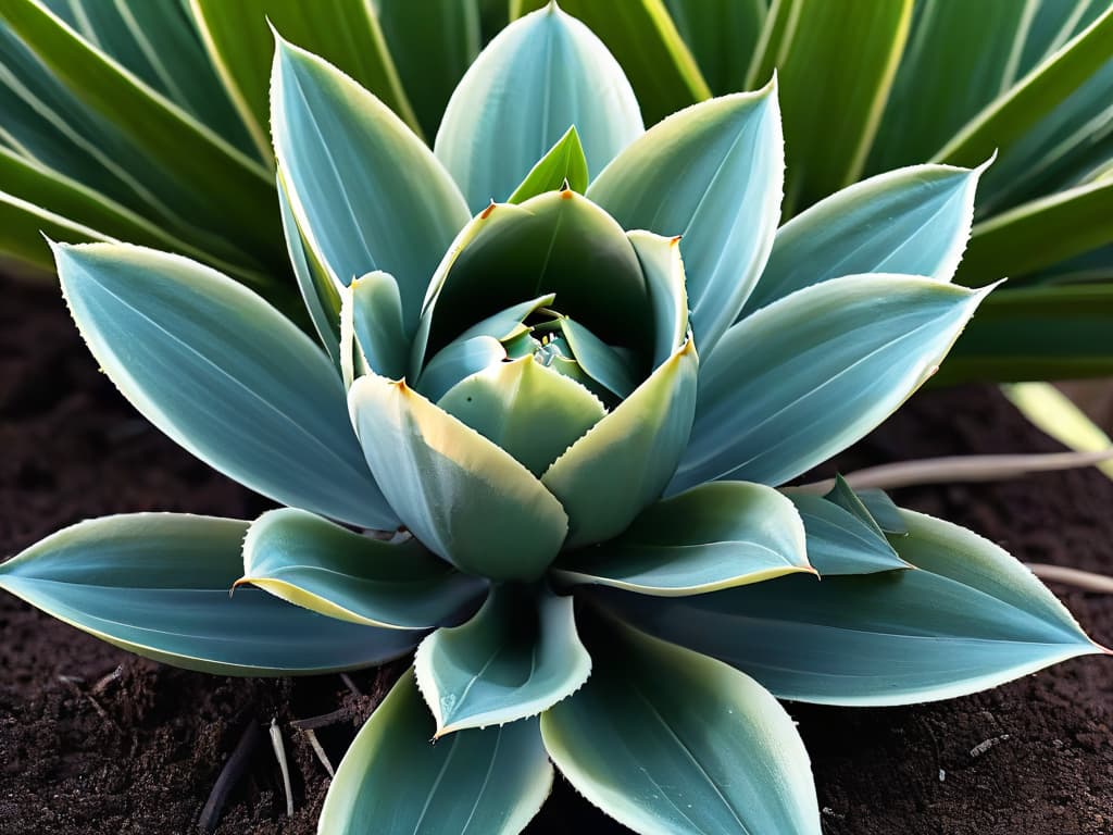  An ultradetailed image of a delicate, intricate agave plant with its uniquely shaped leaves and a mesmerizing symmetrical pattern. The image showcases the plant in a soft, natural light, highlighting its elegant curves and organic beauty. Each leaf is finely detailed, capturing the texture and nuances of the agave plant, making it a visually captivating and visually stunning representation of the key ingredient discussed in the article. hyperrealistic, full body, detailed clothing, highly detailed, cinematic lighting, stunningly beautiful, intricate, sharp focus, f/1. 8, 85mm, (centered image composition), (professionally color graded), ((bright soft diffused light)), volumetric fog, trending on instagram, trending on tumblr, HDR 4K, 8K