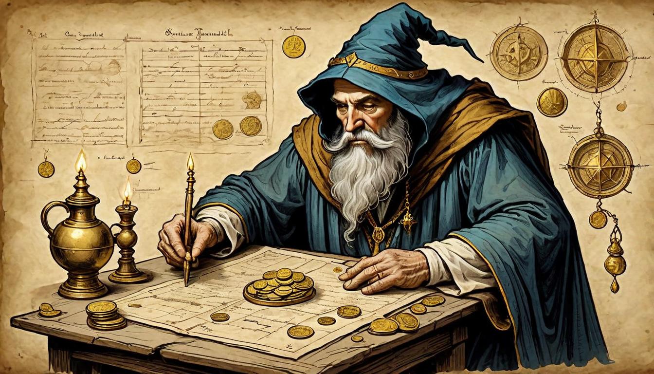  on parchment, surrealism+++, A wizard like figure, hunched over a table filled with gold coins and arcane charts, meticulous calculations(mysterious, provocative, symbolic,muted color)+++