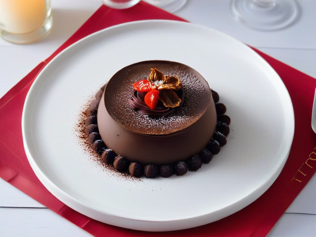  A closeup, ultradetailed image of a decadent chocolate chili truffle resting on a sleek, modern plate. The truffle is perfectly round, coated in glossy dark chocolate, and delicately dusted with vibrant red chili powder. The plate is a minimalist white, providing a striking contrast to the rich colors of the truffle. The texture of the chocolate appears velvety smooth, inviting the viewer to imagine the complex blend of sweet and spicy flavors in this daring dessert. hyperrealistic, full body, detailed clothing, highly detailed, cinematic lighting, stunningly beautiful, intricate, sharp focus, f/1. 8, 85mm, (centered image composition), (professionally color graded), ((bright soft diffused light)), volumetric fog, trending on instagram, trending on tumblr, HDR 4K, 8K