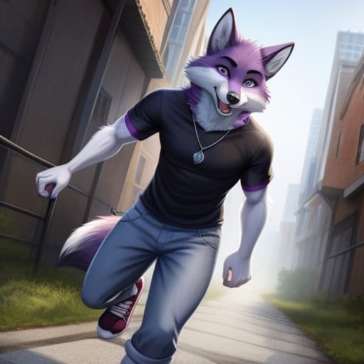  male furry, anthropomorphic, wolf, blue and white fur, white iris and pupils, black t-shirt and purple shorts, burgundy shoes, male, anthropomorphic furry, fox, black and purple fur, gray denim t-shirt, sport dark purple shoe, necklace with thorns, open eyes, digital art, masterpiece, 4k, fine details,