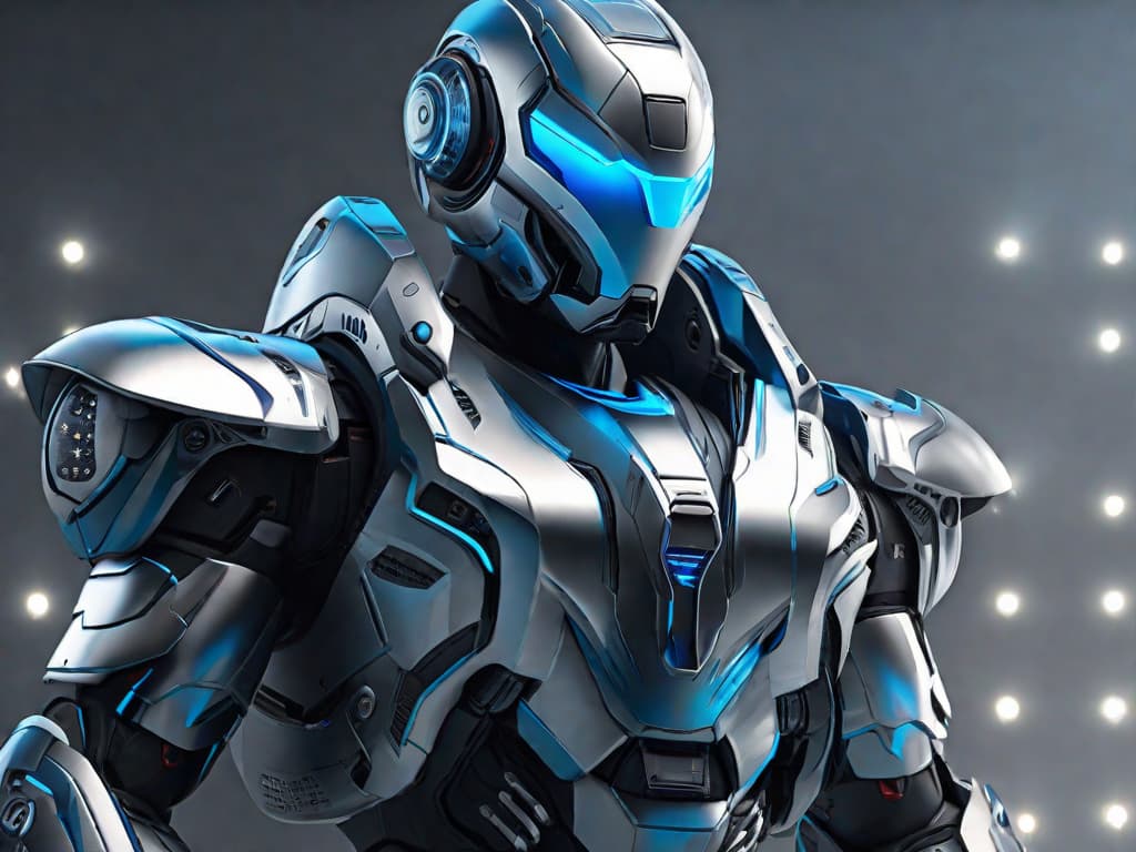  A futuristic, sleek silver robot with glowing blue lights, standing against a dark background. Its metallic surface reflects the light, giving it a powerful and advanced appearance. The robot represents the cutting-edge technology and innovation of OpenAI's new GPT-4o AI model. digital art, ilustration, no flares, clean hyperrealistic, full body, detailed clothing, highly detailed, cinematic lighting, stunningly beautiful, intricate, sharp focus, f/1. 8, 85mm, (centered image composition), (professionally color graded), ((bright soft diffused light)), volumetric fog, trending on instagram, trending on tumblr, HDR 4K, 8K