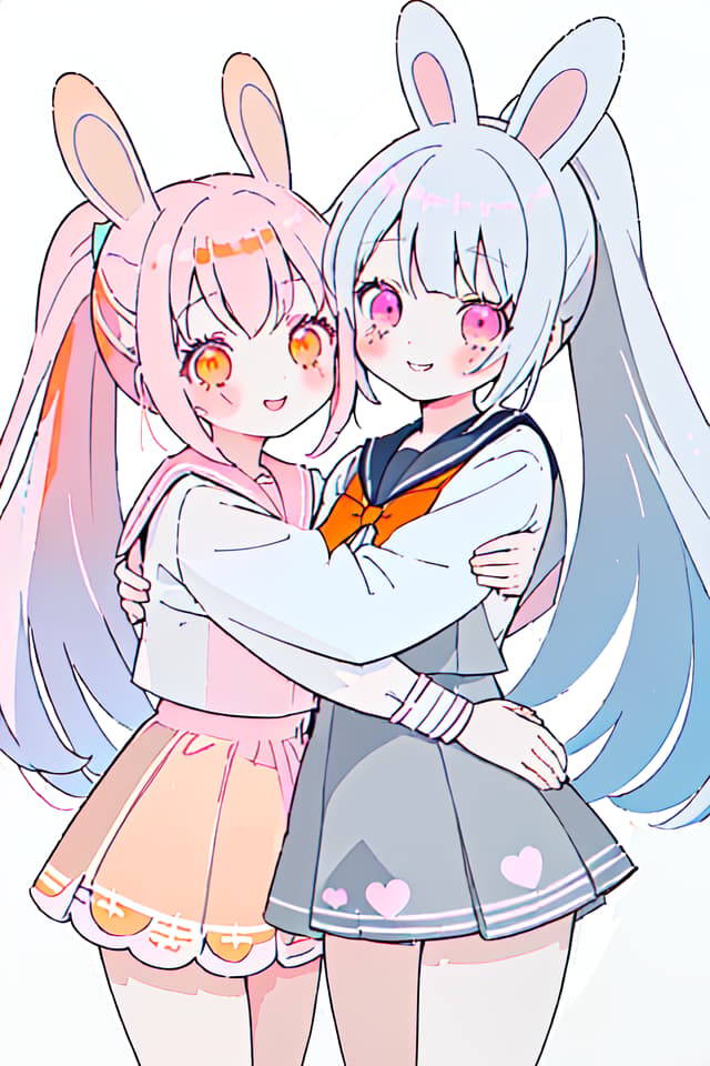  Rabbit ears,friends,smiles,beautiful girls,2 people,(orange eyes,light blue hair,perm,ponytail,),(pink eyes,gray hair,long hair,),cute,good friends,hugging each other,sailor suit,cuteRabbit ears,friends,smiles,beautiful girls,2 people,(orange eyes,light blue hair,perm,ponytail,),(pink eyes,gray hair,long hair,),cute,good friends,hugging each other,sailor suit,cute(absurd detailed:1.4、best quality:1.4、masterpiece:1.4)、The same height、