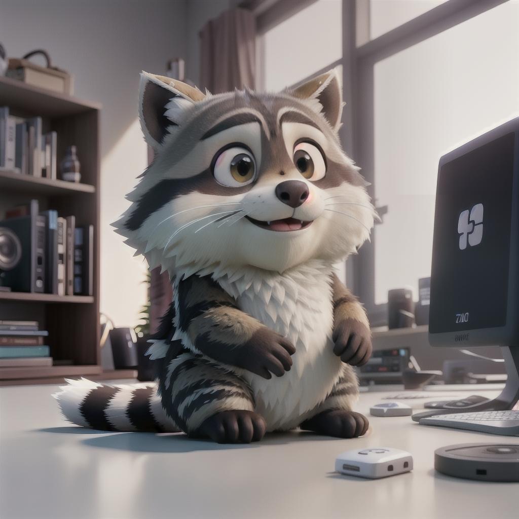  raccoon sitting in gaming chair front a computer on desktop, ((semi anthropomorphic)),(full body), tail, belly, sitting, fat, (chubby), (((white background))), solo, desktop, gaming chair, side view,  [[[clothes]]] hyperrealistic, full body, detailed clothing, highly detailed, cinematic lighting, stunningly beautiful, intricate, sharp focus, f/1. 8, 85mm, (centered image composition), (professionally color graded), ((bright soft diffused light)), volumetric fog, trending on instagram, trending on tumblr, HDR 4K, 8K