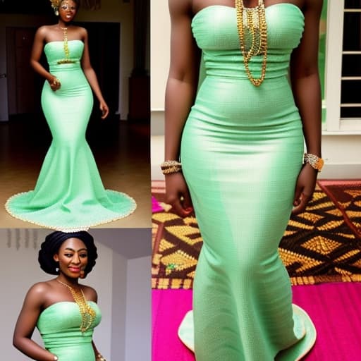  A Ghanaian modern bride in a stylish mint green Ghanaian KENTE gown with chains and petals . Should be a mermaid dress that looks regal and has highlights of kente colors. Must look like a beauty queen with a golden crown