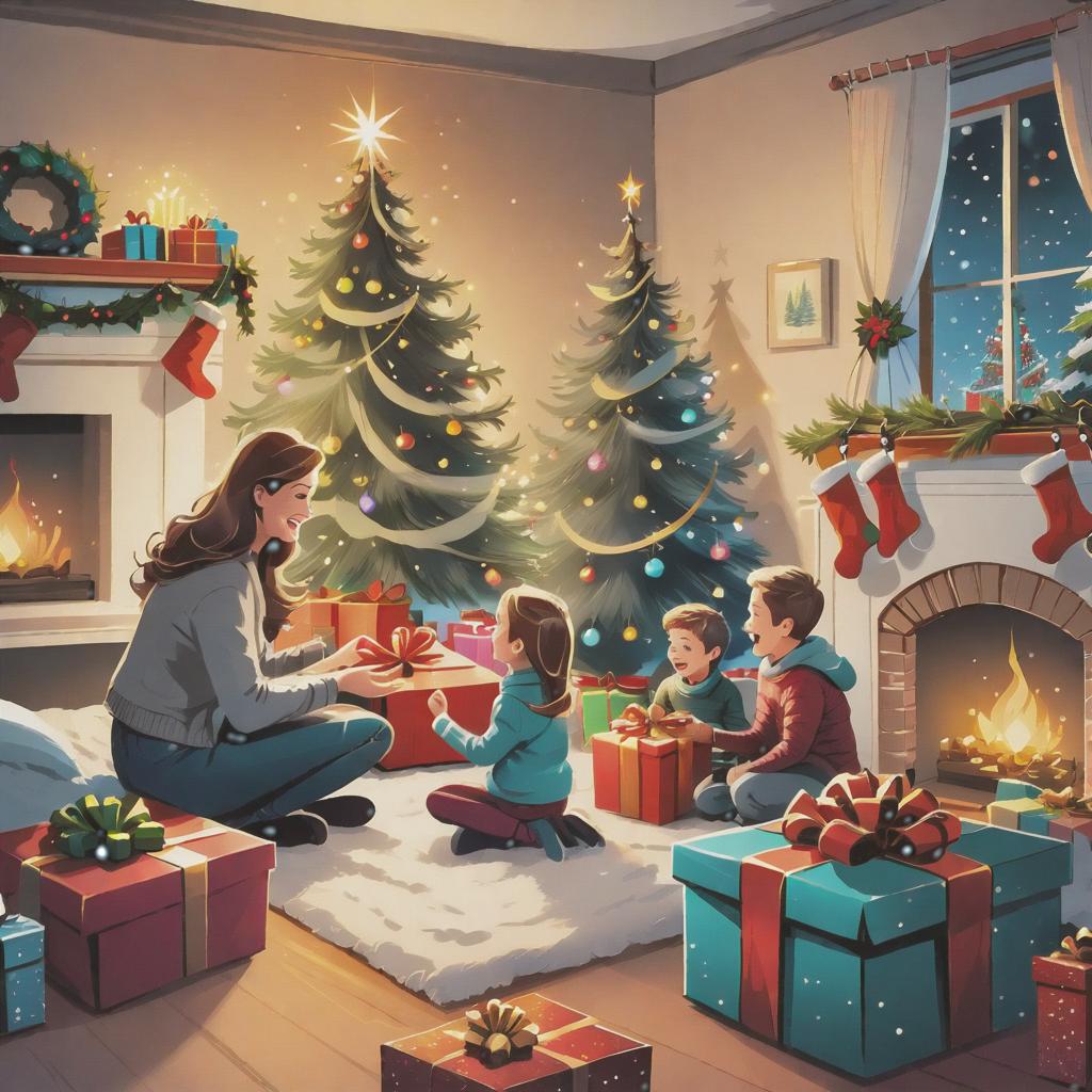  Christmas New Year Stock Image. Subject and action: A family opening gifts together in a warm, joyful atmosphere. Setting and Background: A 's bedroom on Christmas morning, with toys and a small tree with colorful lights. Mood and atmosphere: Enchanted creatures king out from a frosty wonderland. Artistic style: Hand-drawn sketches with charcoal or ink.