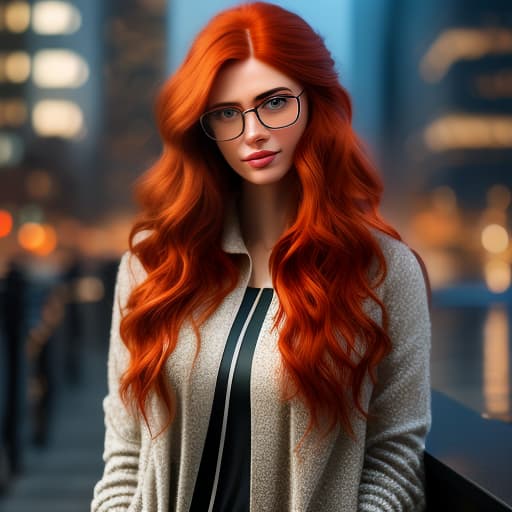  A red haired girl in glasses with blurry lenses, a blurry cityscape behind her., Photorealistic, Hyperrealistic, Hyperdetailed, analog style, demure, detailed skin, pores, smirk, smiling eyes, matte skin, soft lighting, subsurface scattering, realistic, heavy shadow, masterpiece, best quality, ultra realistic, 8k, golden ratio, Intricate, High Detail, film photography, soft focus hyperrealistic, full body, detailed clothing, highly detailed, cinematic lighting, stunningly beautiful, intricate, sharp focus, f/1. 8, 85mm, (centered image composition), (professionally color graded), ((bright soft diffused light)), volumetric fog, trending on instagram, trending on tumblr, HDR 4K, 8K