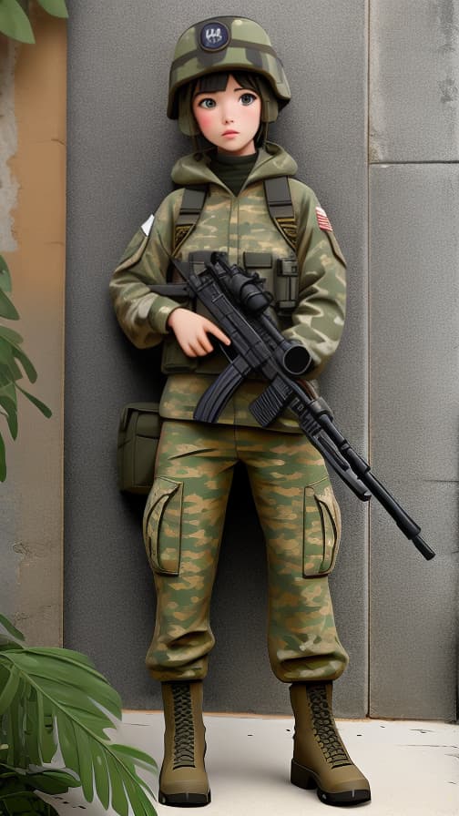  Two heads full body commando, camouflage clothing, full US military equipment, military equipment, machine gun, girl.
