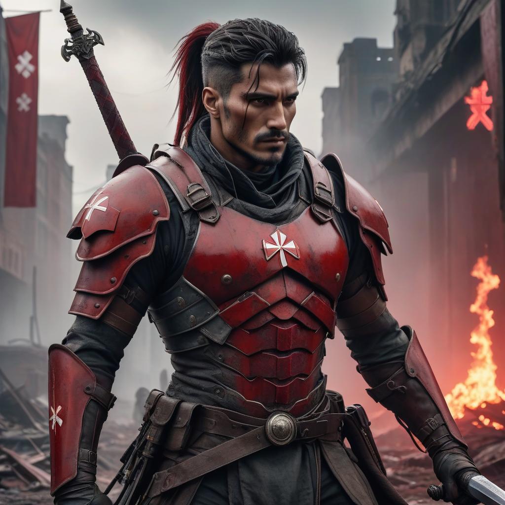  dystopian style A tall warrior, clad in heavy armor, has a blood red cross on his right shoulder. He sits on a red viper. In his right hand, he holds a sword, and in his left hand, he grasps reins. And behind his back, over his head, war is depicted as a blood red cross with a haze emanating from it. . bleak, post apocalyptic, somber, dramatic, highly detailed hyperrealistic, full body, detailed clothing, highly detailed, cinematic lighting, stunningly beautiful, intricate, sharp focus, f/1. 8, 85mm, (centered image composition), (professionally color graded), ((bright soft diffused light)), volumetric fog, trending on instagram, trending on tumblr, HDR 4K, 8K