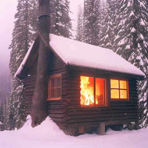 analog style "A large cozy wood stove in a wooden house, next to a window. Outside the window, you can see snow."