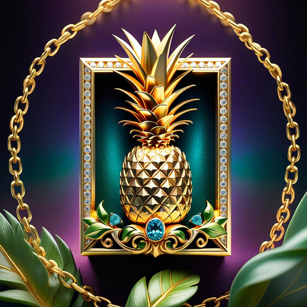  ethereal fantasy concept art of ( Frame): made of gold and diamond chains with pendants of blue stones framed by small diamonds. (Pineapple): gold jewellery in the shape of a pineapple fruit decorated with amethyst inlays. The leaves are green coloured emeralds. On the left side the pineapple is framed by golden petunia flowers. (Background): night sky with shining golden stars and shards of diamonds, blue stones and amethysts. At the bottom and top of the background are three decorative thin gold stripes. . magnificent, celestial, ethereal, painterly, epic, majestic, magical, fantasy art, cover art, dreamy hyperrealistic, full body, detailed clothing, highly detailed, cinematic lighting, stunningly beautiful, intricate, sharp focus, f/1. 8, 85mm, (centered image composition), (professionally color graded), ((bright soft diffused light)), volumetric fog, trending on instagram, trending on tumblr, HDR 4K, 8K