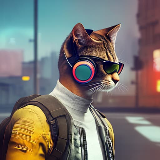 nvinkpunk Realistic image of a cat wearing headphones and reading glasses while riding a bus., 8k hyperrealistic, full body, detailed clothing, highly detailed, cinematic lighting, stunningly beautiful, intricate, sharp focus, f/1. 8, 85mm, (centered image composition), (professionally color graded), ((bright soft diffused light)), volumetric fog, trending on instagram, trending on tumblr, HDR 4K, 8K