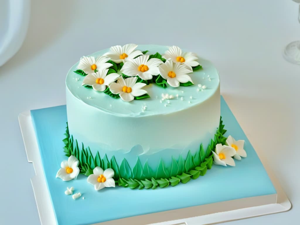  A minimalist image showcasing a pristine white fondant cake adorned with delicate sugar flowers in pastel hues, set against a clean, unobtrusive background to emphasize the intricate details of the cake decoration. hyperrealistic, full body, detailed clothing, highly detailed, cinematic lighting, stunningly beautiful, intricate, sharp focus, f/1. 8, 85mm, (centered image composition), (professionally color graded), ((bright soft diffused light)), volumetric fog, trending on instagram, trending on tumblr, HDR 4K, 8K