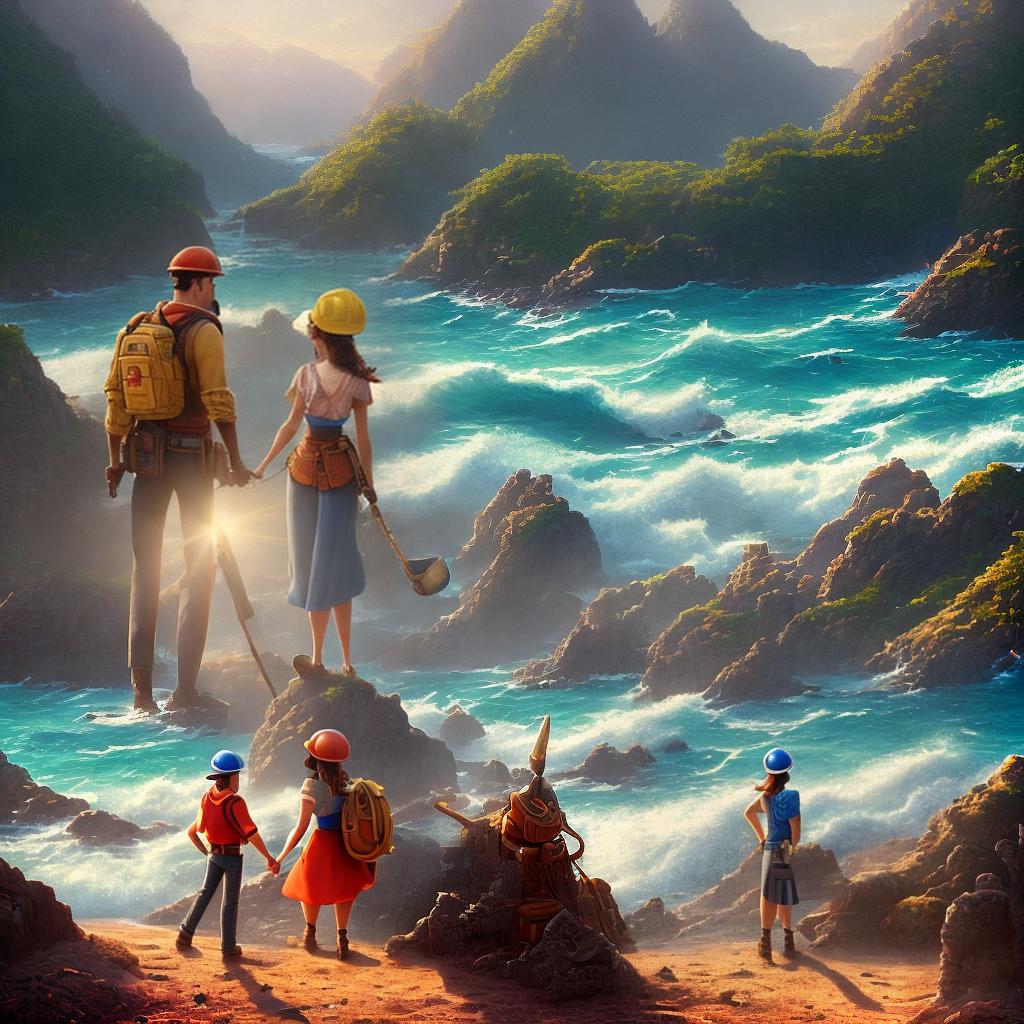  ((masterpiece)), (((best quality))), 8k, high detailed, ultra-detailed. A young couple, a boy geodetic engineer ((wearing a hard hat)), and a girl electronics engineer ((wearing a hard hat)), standing on a sandy beach with sparkling blue waves in the background. The boy is holding a geodetic instrument while the girl is holding an electronic device. They are both smiling and looking at each other with love. The scene is depicted in a Disney style, with vibrant colors and whimsical details. The sunlight casts a warm glow on the couple and the beach, creating a romantic atmosphere. The resolution of the image is 7680x4320 pixels. hyperrealistic, full body, detailed clothing, highly detailed, cinematic lighting, stunningly beautiful, intricate, sharp focus, f/1. 8, 85mm, (centered image composition), (professionally color graded), ((bright soft diffused light)), volumetric fog, trending on instagram, trending on tumblr, HDR 4K, 8K