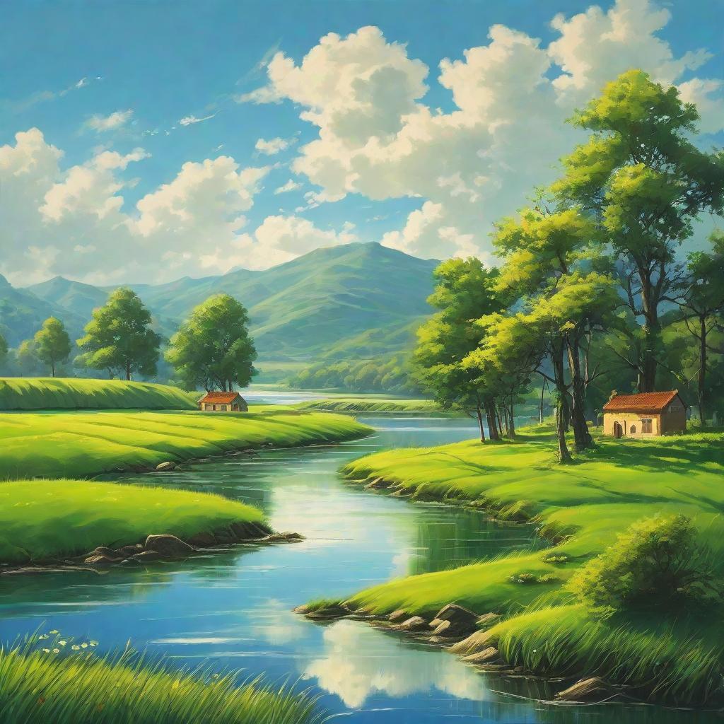  masterpiece, best quality,I want to draw a picture with a blue sky and green grass in the background, and some trees and buildings. On the grass there are rivers, lakes and reservoirs