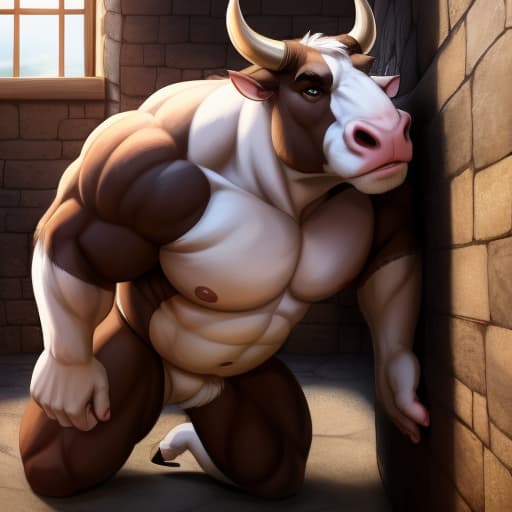  Furry bull getting fucked by other bull against the wall, open eyes, digital art, masterpiece, 4k, fine details,