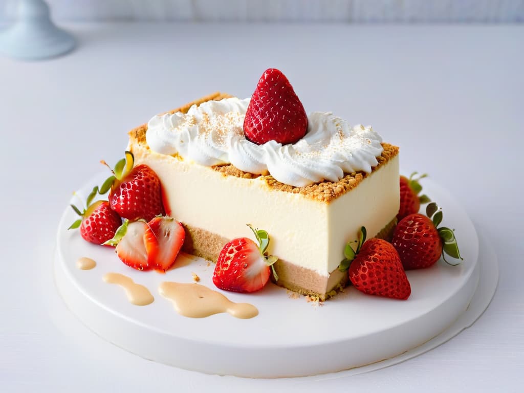  An ultradetailed, minimalistic illustration featuring a slice of creamy cheesecake topped with fresh strawberries, a dollop of whipped cream, and a sprinkle of graham cracker crumbs, all set against a clean white background. The cheesecake slice is artfully garnished, highlighting the layers of smooth filling and crumbly crust, evoking a sense of indulgence and culinary perfection. hyperrealistic, full body, detailed clothing, highly detailed, cinematic lighting, stunningly beautiful, intricate, sharp focus, f/1. 8, 85mm, (centered image composition), (professionally color graded), ((bright soft diffused light)), volumetric fog, trending on instagram, trending on tumblr, HDR 4K, 8K