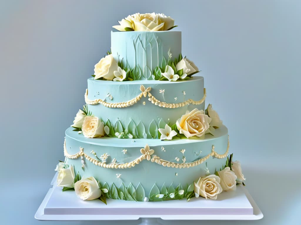  A closeup, ultradetailed image of a multitiered wedding cake designed by Sylvia Weinstock, showcasing intricate floral piping work in soft pastel colors with delicate sugar flowers cascading down the side. The flawless fondant finish gleams under soft, natural lighting, highlighting every meticulous detail of the masterpiece. hyperrealistic, full body, detailed clothing, highly detailed, cinematic lighting, stunningly beautiful, intricate, sharp focus, f/1. 8, 85mm, (centered image composition), (professionally color graded), ((bright soft diffused light)), volumetric fog, trending on instagram, trending on tumblr, HDR 4K, 8K