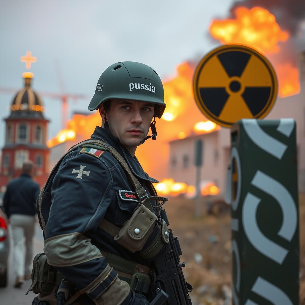  ultra high quality, very detailed , russian city destroyed by nuclear disaster , buildings on fires , man soldier looking at camera , wearing a poland military suit with no helmet standing near city white sign with the text 'russia' written on it , nuclear warning sign, hyperrealistic, full body, detailed clothing, highly detailed, cinematic lighting, stunningly beautiful, intricate, sharp focus, f/1. 8, 85mm, (centered image composition), (professionally color graded), ((bright soft diffused light)), volumetric fog, trending on instagram, trending on tumblr, HDR 4K, 8K