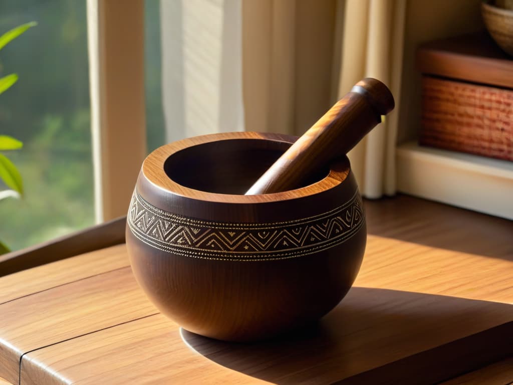  An image of a beautifully crafted wooden mortar and pestle set, adorned with intricate African tribal patterns, sitting on a rustic kitchen countertop. The afternoon sunlight streaming through a nearby window casts a warm glow on the textured surface of the mortar, highlighting its craftsmanship and cultural significance. The simplicity of the composition conveys a sense of tradition and timehonored techniques, perfect for representing the unique African dessertmaking methods discussed in the article. hyperrealistic, full body, detailed clothing, highly detailed, cinematic lighting, stunningly beautiful, intricate, sharp focus, f/1. 8, 85mm, (centered image composition), (professionally color graded), ((bright soft diffused light)), volumetric fog, trending on instagram, trending on tumblr, HDR 4K, 8K