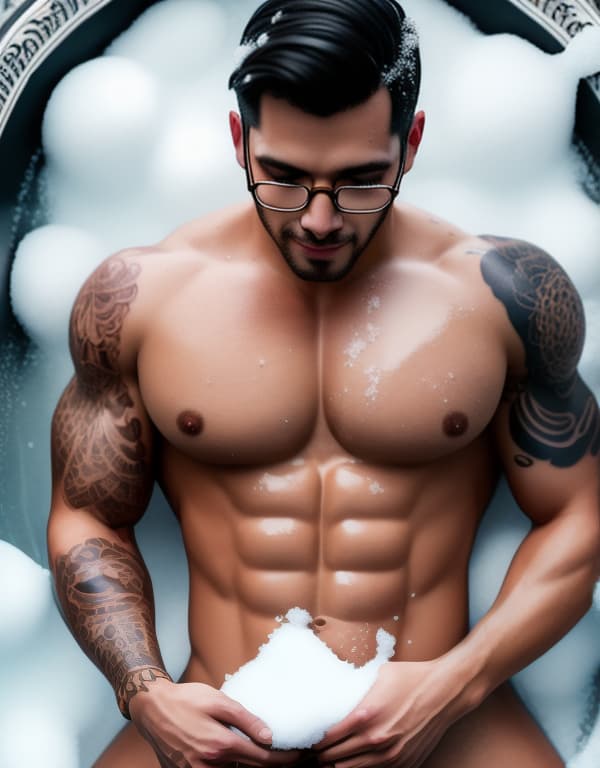  tattooed brothers with yellow glasses and white lace socks are taking a bath in snow，gay，Asian，Asiatic，Asian，Asian， portrait, happy colors, bright eyes, clear eyes, warm smile, smooth soft skin，symmetrical, anime wide eyes，big bulge， huge pectorales, naked whole body <lora:hc-echidna-re-zero:1> hyperrealistic, full body, detailed clothing, highly detailed, cinematic lighting, stunningly beautiful, intricate, sharp focus, f/1. 8, 85mm, (centered image composition), (professionally color graded), ((bright soft diffused light)), volumetric fog, trending on instagram, trending on tumblr, HDR 4K, 8K