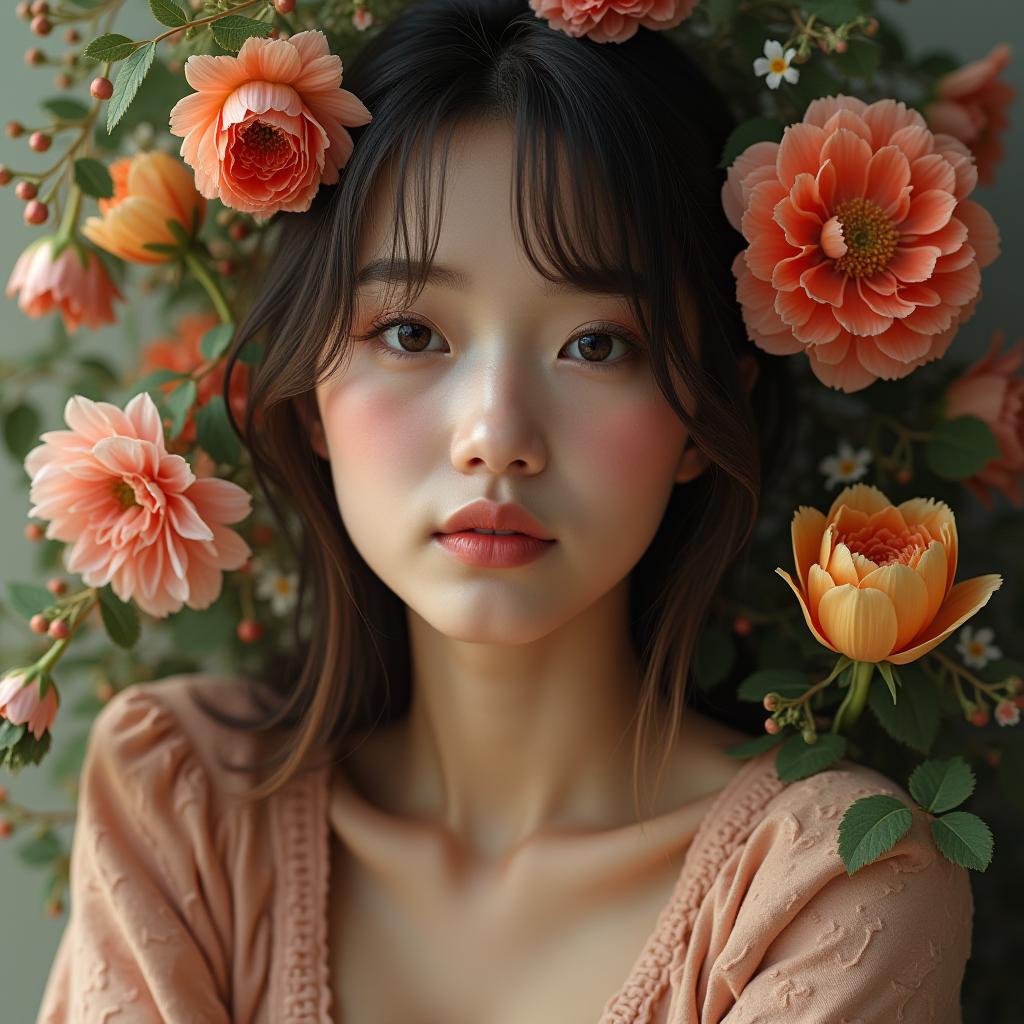  a realistic portrait of a young woman surrounded by a vibrant bouquet of flowers. the light is soft and natural, highlighting the delicate details of her face and the intricate textures of the blossoms. the composition is balanced, with a sense of intimacy and quiet beauty. high quality photorealistic details, soft focus, natural lighting, muted colors. hyperrealistic, full body, detailed clothing, highly detailed, cinematic lighting, stunningly beautiful, intricate, sharp focus, f/1. 8, 85mm, (centered image composition), (professionally color graded), ((bright soft diffused light)), volumetric fog, trending on instagram, trending on tumblr, HDR 4K, 8K