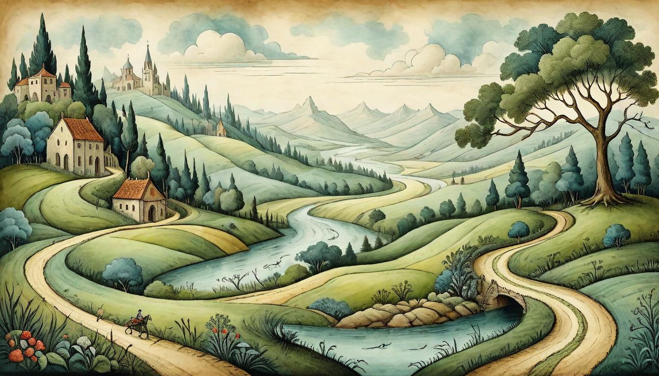  on parchment, surrealism+++, A narrow path winding through different landscapes, symbolizing Ruth's journey with Naomi. Path crossing through fields, forests, and rivers, each terrain reflecting a stage of their journey, dedication in diversity(mysterious, provocative, symbolic,muted color)+++