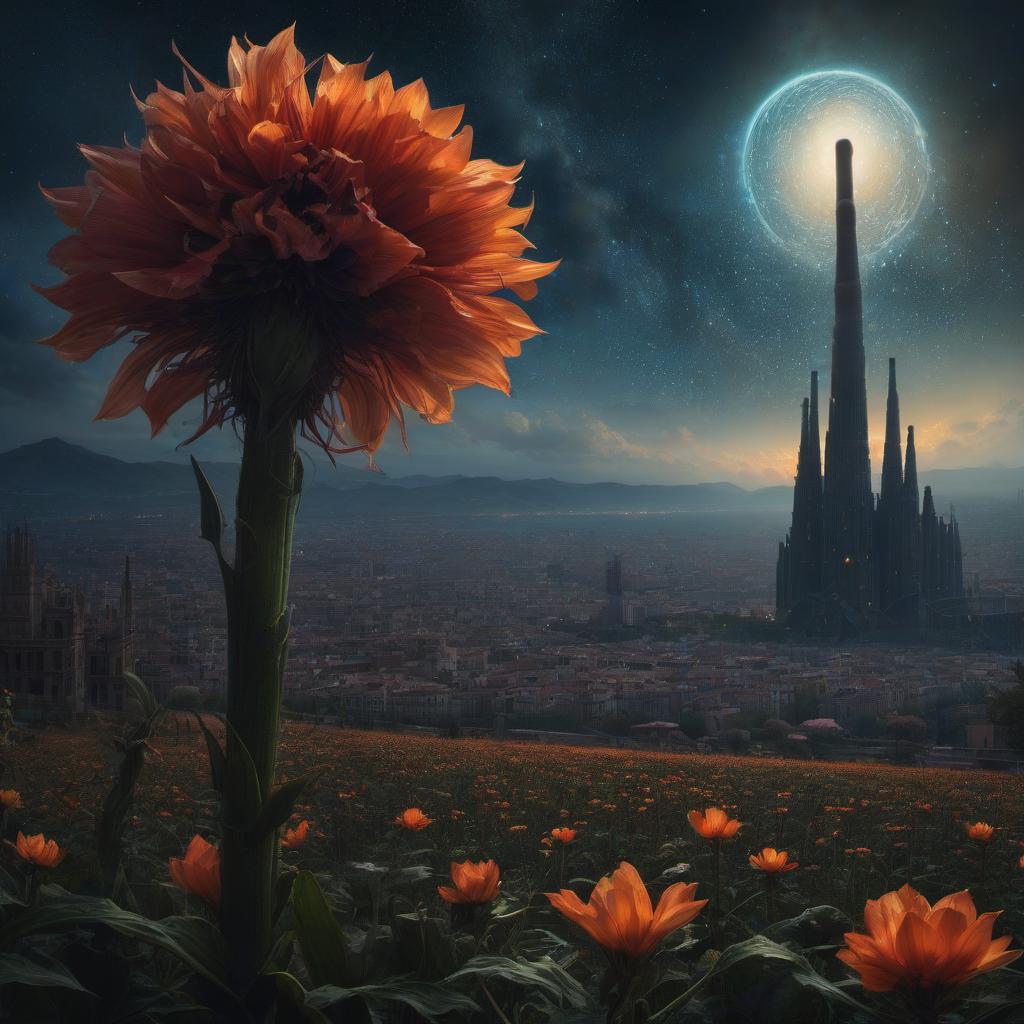  (stylized by Tomasz Alen Kopera:1.3) , dark art, dense flower field and Perseid meteor in background, landscape of a (Barcelona:1.2) , very Bizarre and 1600'S, Hurricane, Glitchcore, Amaro, layered textures, ornate, intricate artistic color, complimentary colors, very inspirational, atmosphere, fine artistic composition, sunny, theatrical hyperrealistic, full body, detailed clothing, highly detailed, cinematic lighting, stunningly beautiful, intricate, sharp focus, f/1. 8, 85mm, (centered image composition), (professionally color graded), ((bright soft diffused light)), volumetric fog, trending on instagram, trending on tumblr, HDR 4K, 8K