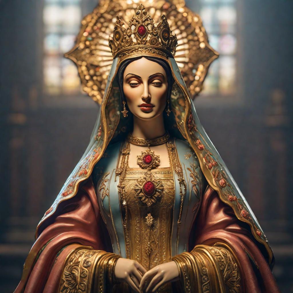  Virgen Maria hyperrealistic, full body, detailed clothing, highly detailed, cinematic lighting, stunningly beautiful, intricate, sharp focus, f/1. 8, 85mm, (centered image composition), (professionally color graded), ((bright soft diffused light)), volumetric fog, trending on instagram, trending on tumblr, HDR 4K, 8K