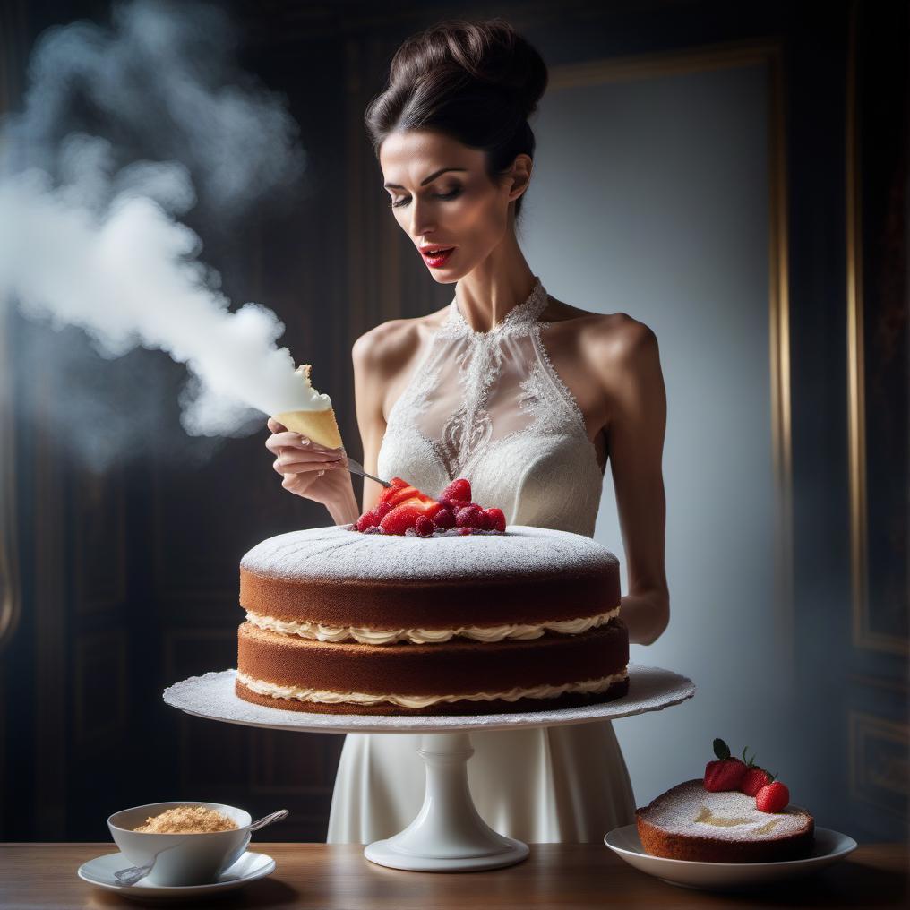 very skinny austrian woman devouring a huge saher cake hyperrealistic, full body, detailed clothing, highly detailed, cinematic lighting, stunningly beautiful, intricate, sharp focus, f/1. 8, 85mm, (centered image composition), (professionally color graded), ((bright soft diffused light)), volumetric fog, trending on instagram, trending on tumblr, HDR 4K, 8K
