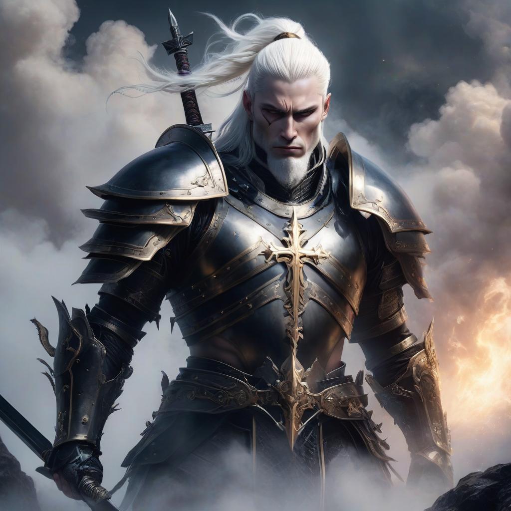  ethereal fantasy concept art of A tall warrior clad in heavy armor has an alo black cross on his right shoulder. He sits on an albino vivern, with a sword in his right hand and reins in his left. Above his head, behind his back, war is depicted as an alo black cross emitting mist. . magnificent, celestial, ethereal, painterly, epic, majestic, magical, fantasy art, cover art, dreamy hyperrealistic, full body, detailed clothing, highly detailed, cinematic lighting, stunningly beautiful, intricate, sharp focus, f/1. 8, 85mm, (centered image composition), (professionally color graded), ((bright soft diffused light)), volumetric fog, trending on instagram, trending on tumblr, HDR 4K, 8K